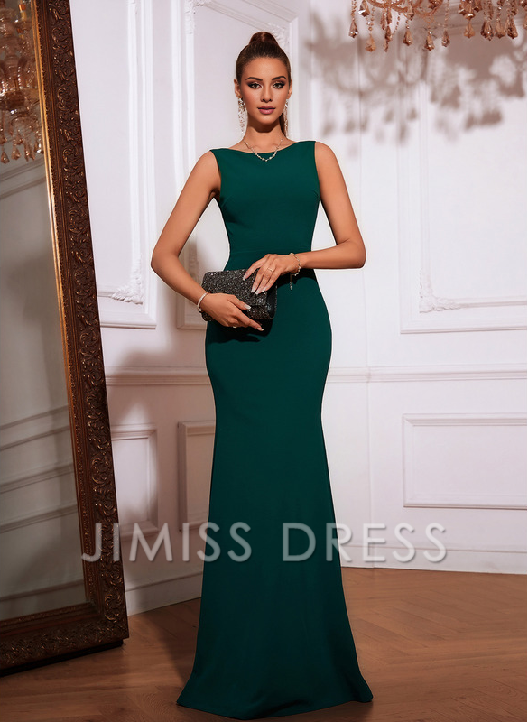 Vestido de fiesta Jimiss con cuello barco, sirena, corte trompeta y lazo con volantes en el suelo de satén.