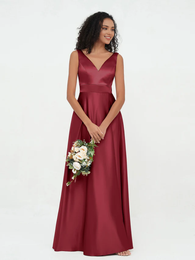 Olive Green Satin V-Neck A-Line Floor-Length Bridesmaid Dress