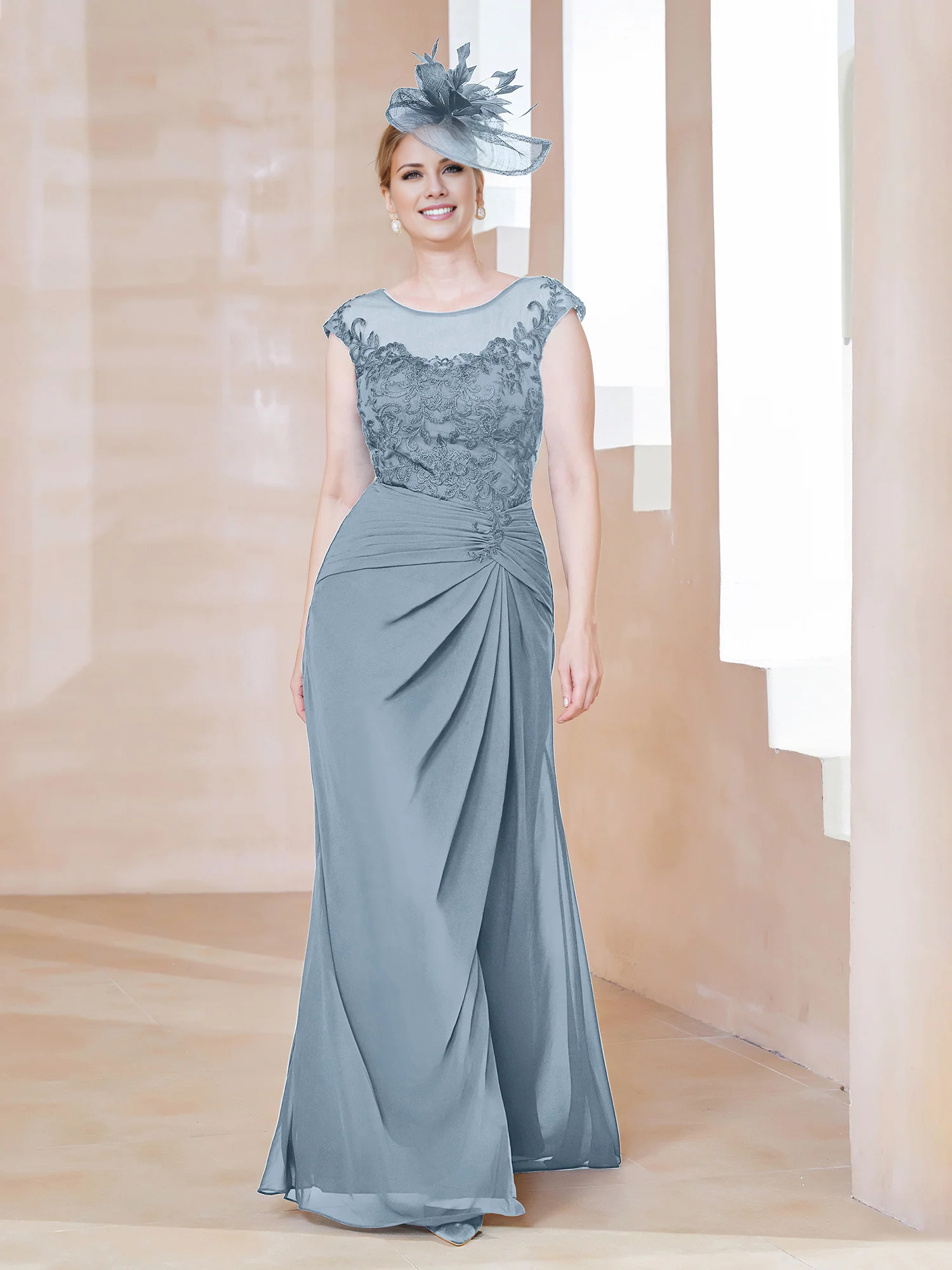 Dark Navy Chiffon A-Line Floor-Length Evening Dress with Illusion Neck and Draped Front