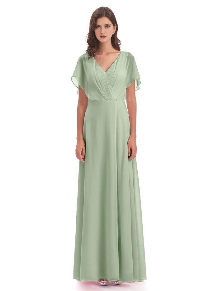 Burgundy Chiffon A-Line V-Neck Floor-Length Bridesmaid Dress with Pleated Bodice and Flutter Sleeves