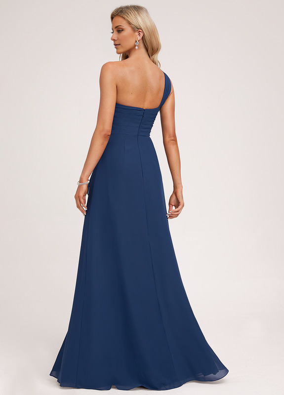 Vestido de dama de honor de gasa con volantes, corte A, un hombro al aire y largo hasta el suelo