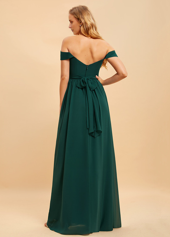 Abito da damigella d'onore in chiffon lungo fino a terra, con spalle scoperte e linea ad A