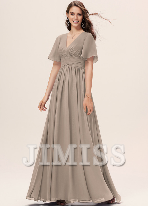 Dusty Blue Chiffon A-Line Floor-Length with V-Neck and Draped Bodice + Flutter Sleeves for Bridesmaid & Wedding-Guest