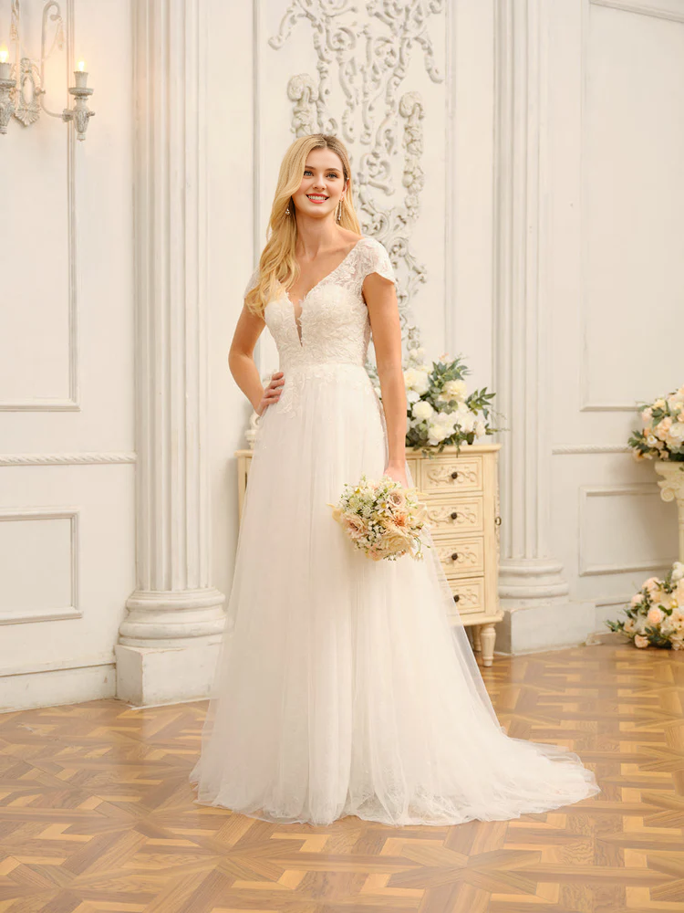 Vestido de novia largo de manga corta con escote en V, apliques y adornos de cuentas