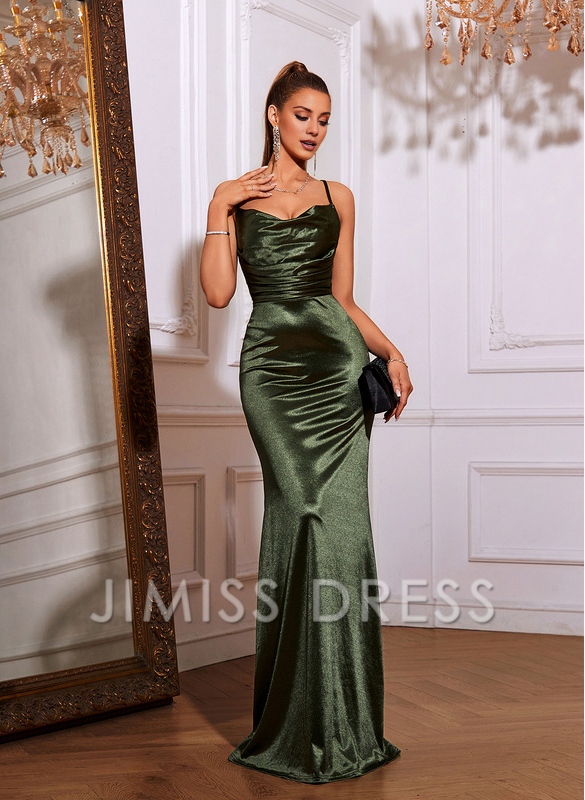 Vestido de fiesta de satén plisado hasta el suelo con chal de sirena en forma de trompeta de Jimiss