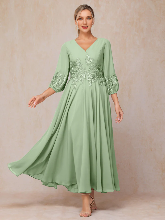 Burgundy Chiffon A-Line V-Neck Tea-Length Dress with Embroidered Bodice and Bishop Sleeves