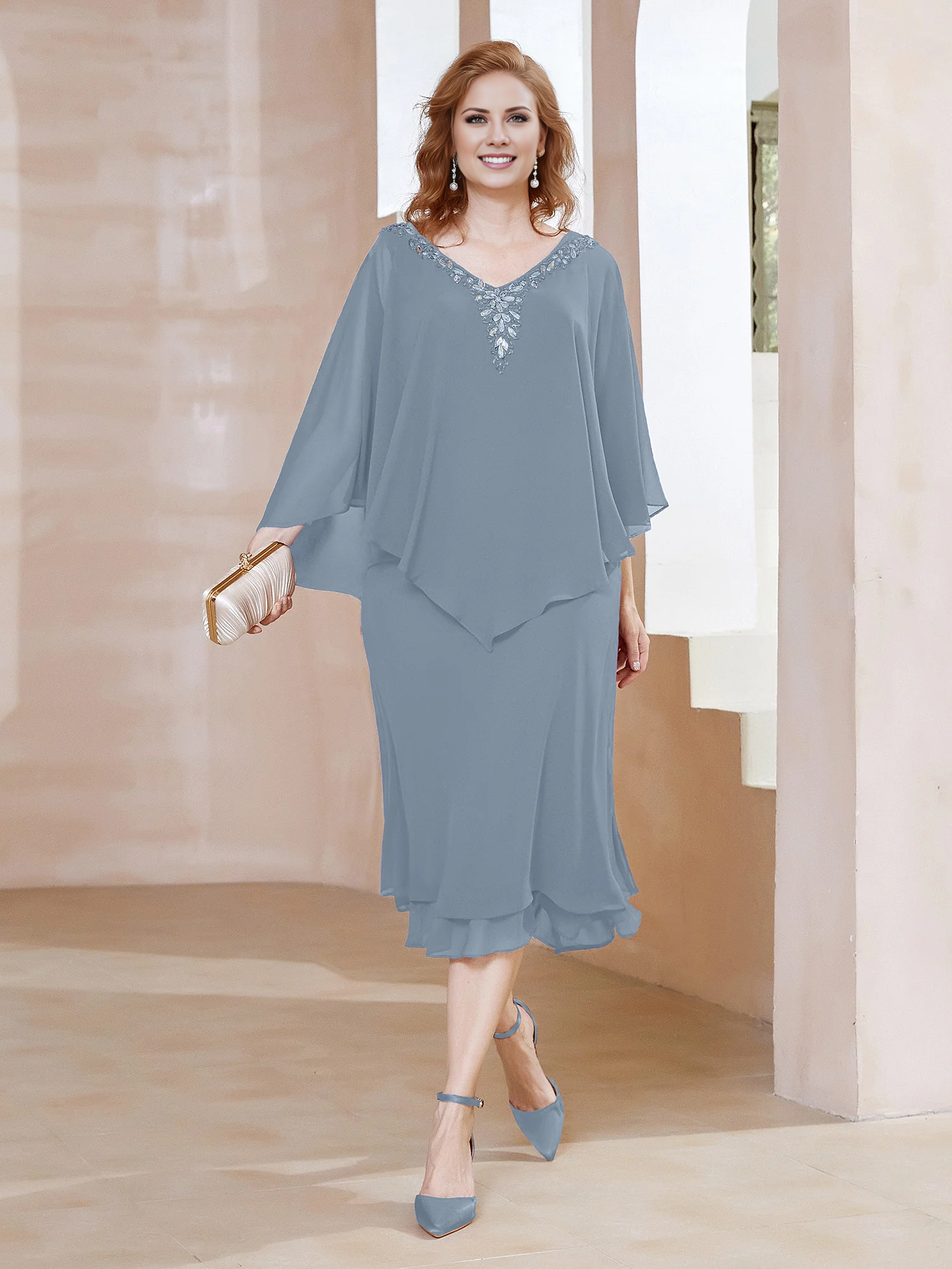 Olive Green Chiffon Knee-Length Dress with Cape Overlay & Beaded V-Neck