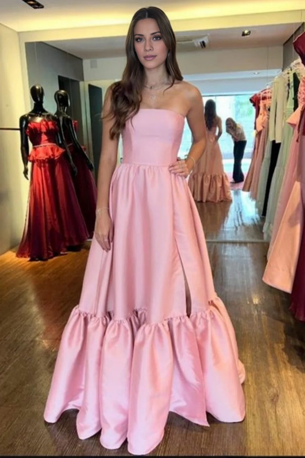 Pink Satin Straight Neck A-Line Floor-Length Dress with High Slit & Ruffled Hem