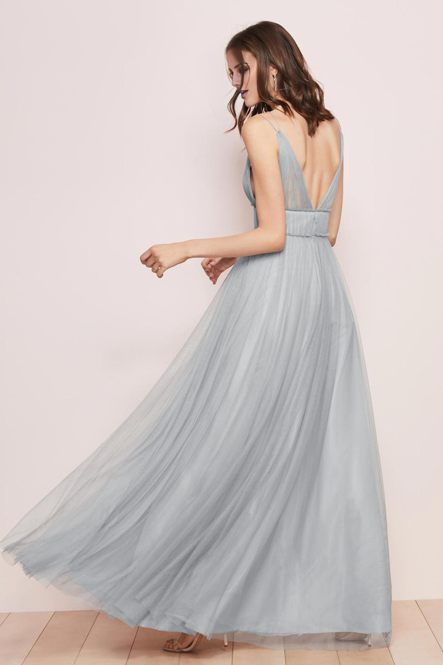 Dusty Blue Tulle A-Line Floor-Length Bridesmaid Dress | Ruched V-Neck & V-Back