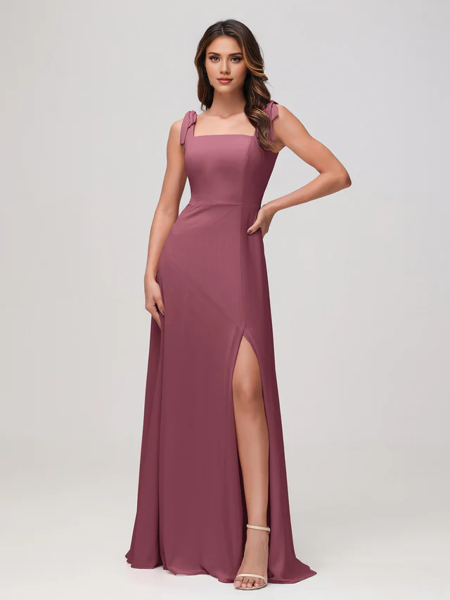 Olive Green Chiffon A-Line Floor-Length Bridesmaid Dress with Square Neck