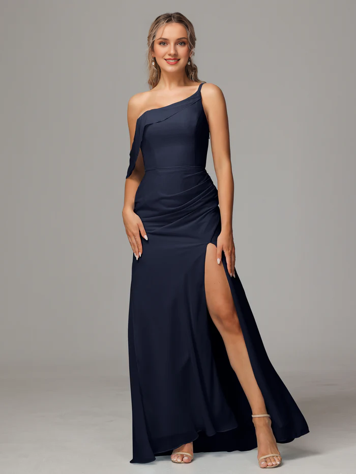 One shoulder off shoulder chiffon and floor length bridesmaid dress