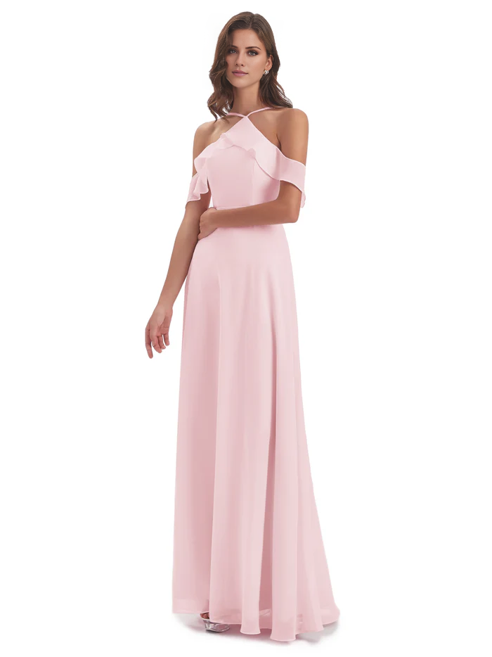 Tight off shoulder chiffon long and floor length bridesmaid dress