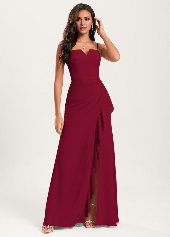 Burgundy Chiffon A-Line Floor-Length Dress with Draped High Slit, V-Neck & Back Zip