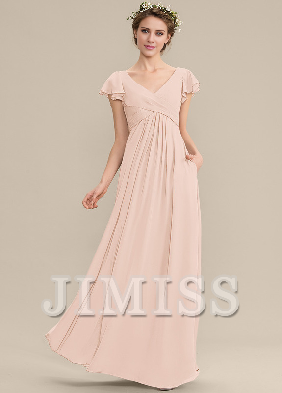 Vestido de dama de honor de gasa con escote en V, volantes escalonados y largo hasta el suelo