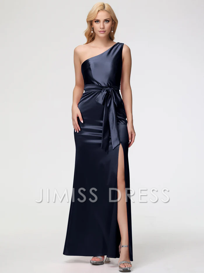 Jimiss single shoulder trumpet/mermaid sleeveless pleated satin Prom dress