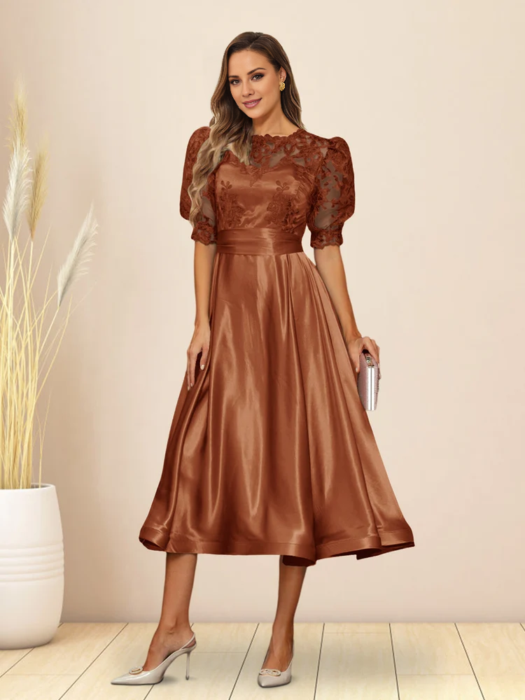 Green Satin Lace Bodice Puff Sleeve A-Line Tea-Length Evening Dress