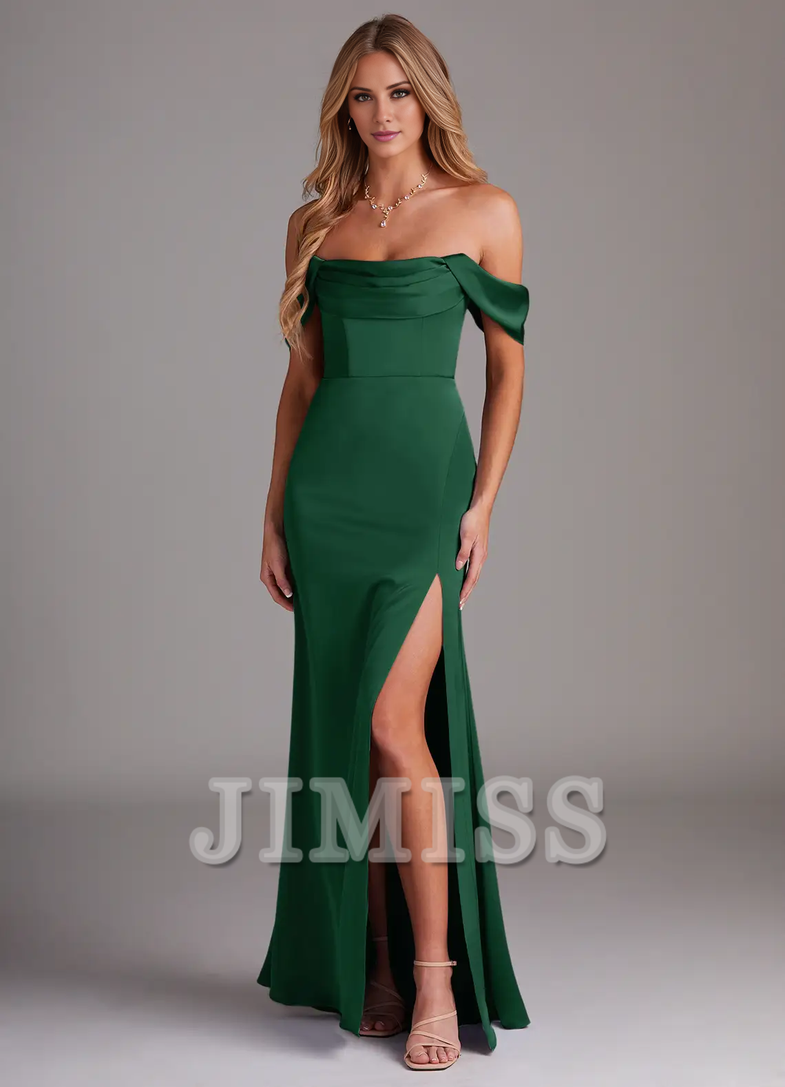 Vestido de dama de honor de satén con abertura lateral y hombros descubiertos, largo hasta el suelo - Vestido Jimiss 