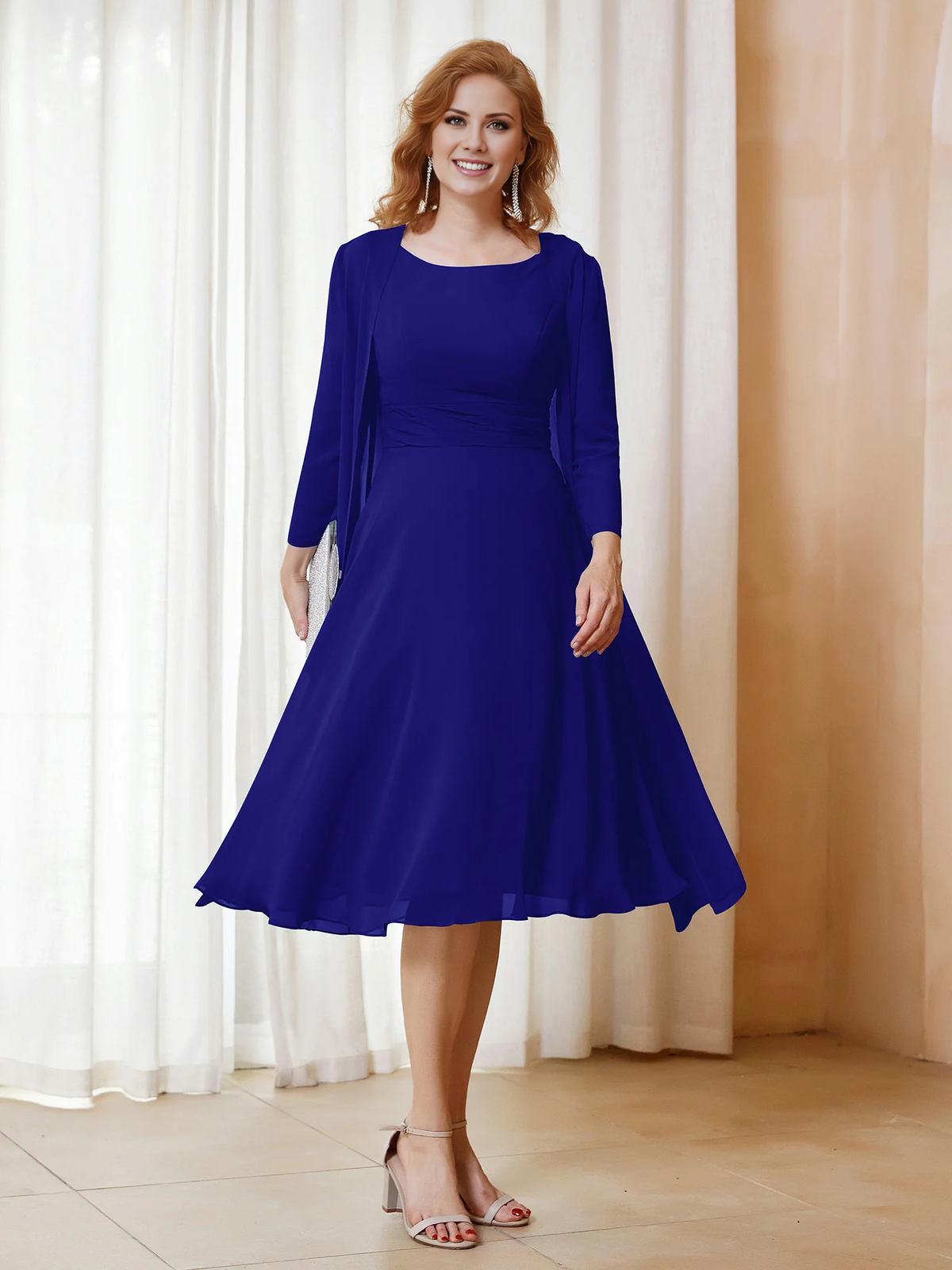 Dusty Blue Chiffon A-Line Tea-Length Evening Gown with Sheer Jacket