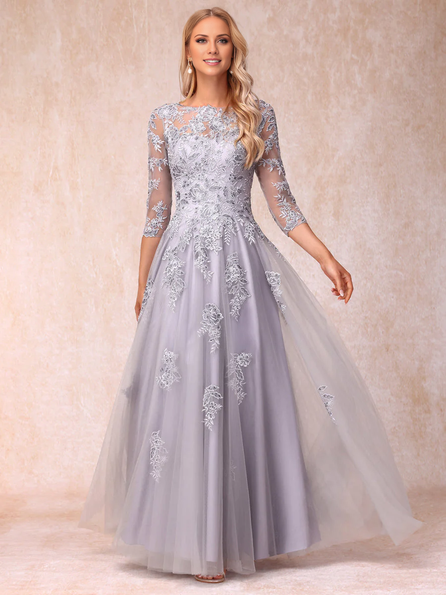 Silver Lace A-Line Floor-Length Evening Dress with Boat Neck & Back Zip