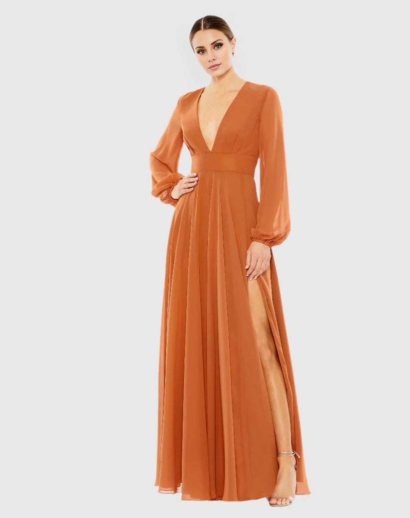 V-neck phantom long sleeve chiffon side slit floor-length evening dress