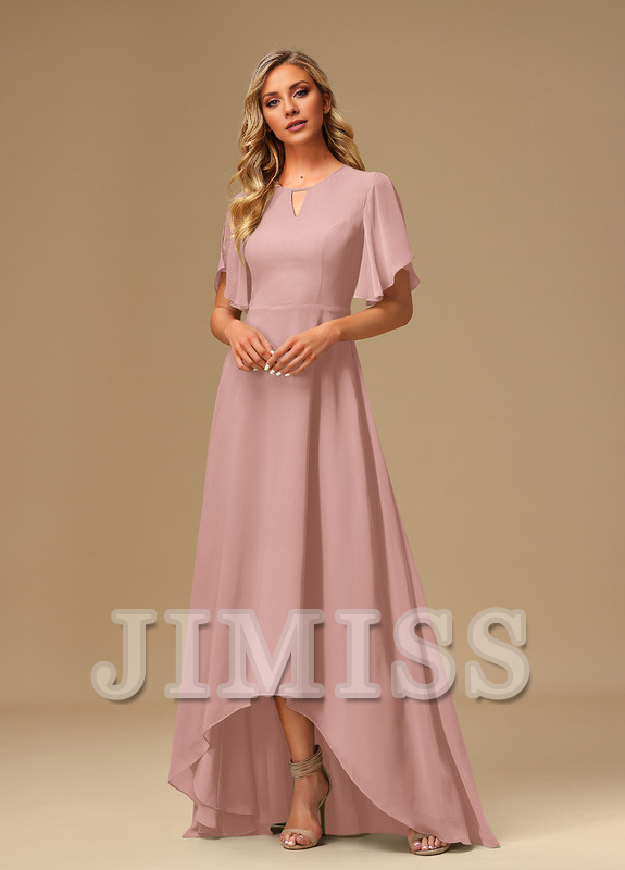Vestido de dama de honor asimétrico de gasa con escote barco y volantes en forma de A