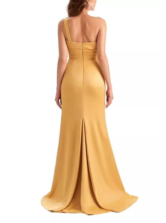 Sexy Side Slit Mermaid Silky Satin One Shoulder Sleeveless Unique Long Bridesmaid Dresses
