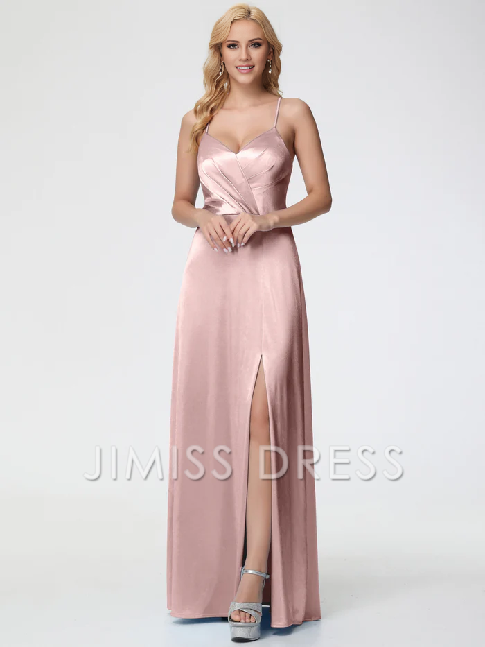 Vestido de fiesta Jimiss de satén con escote en V, tirantes finos, plisado, espalda descubierta y abertura