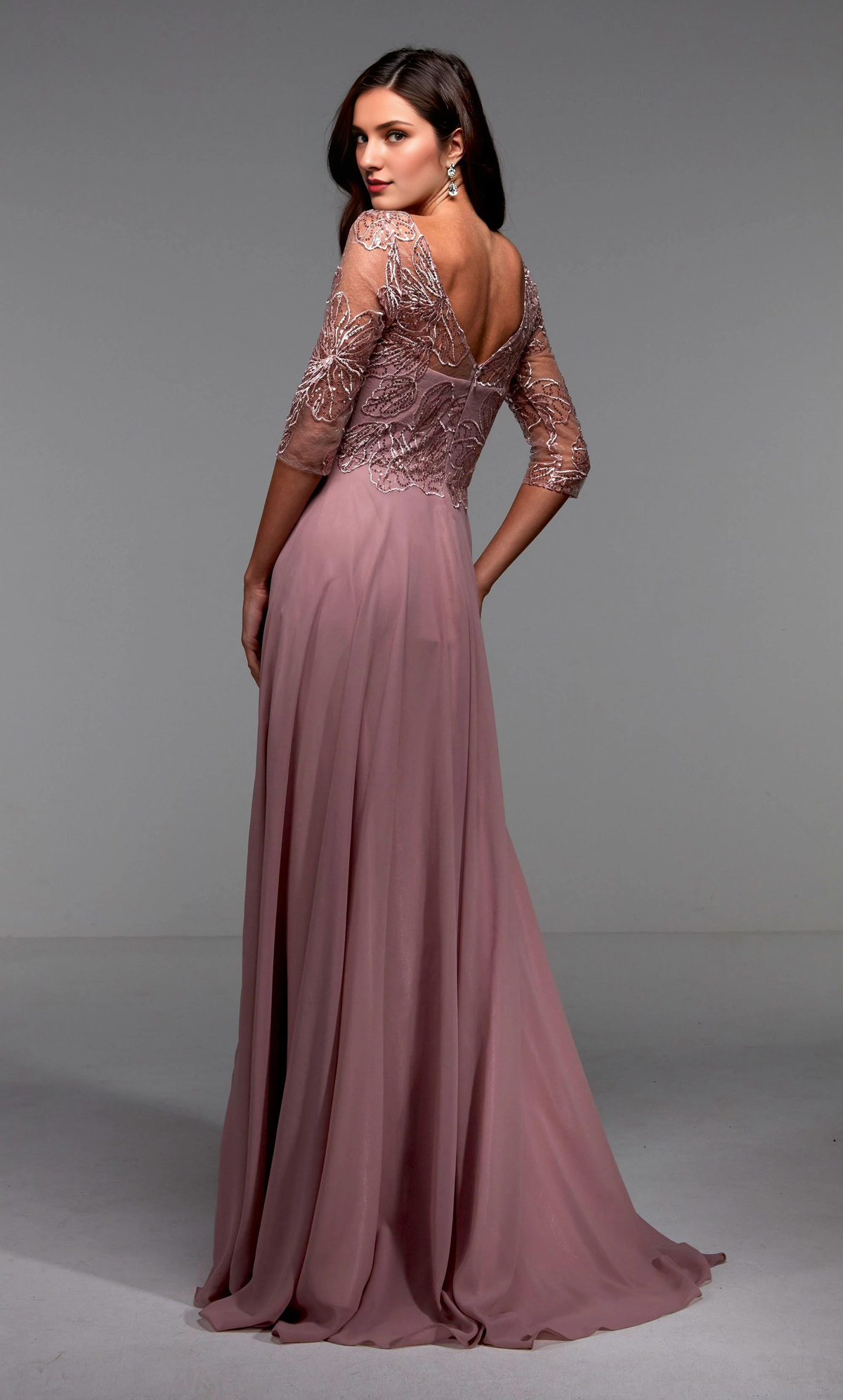 Grey Chiffon A-Line Floor-Length Bridesmaid Dress with Embroidered Bodice and 3/4 Sleeves