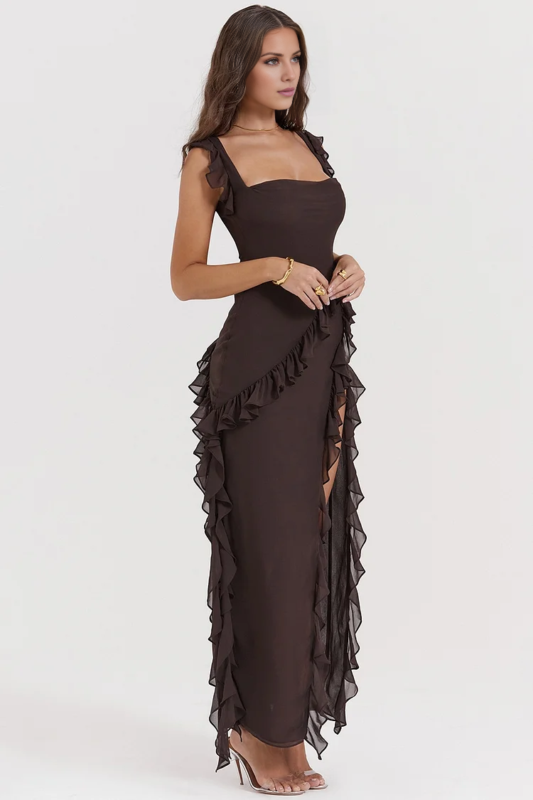 Vestido de fiesta Jimiss con escote cuadrado, hombros descubiertos, sin mangas, espalda descubierta, abertura lateral y largo hasta el suelo