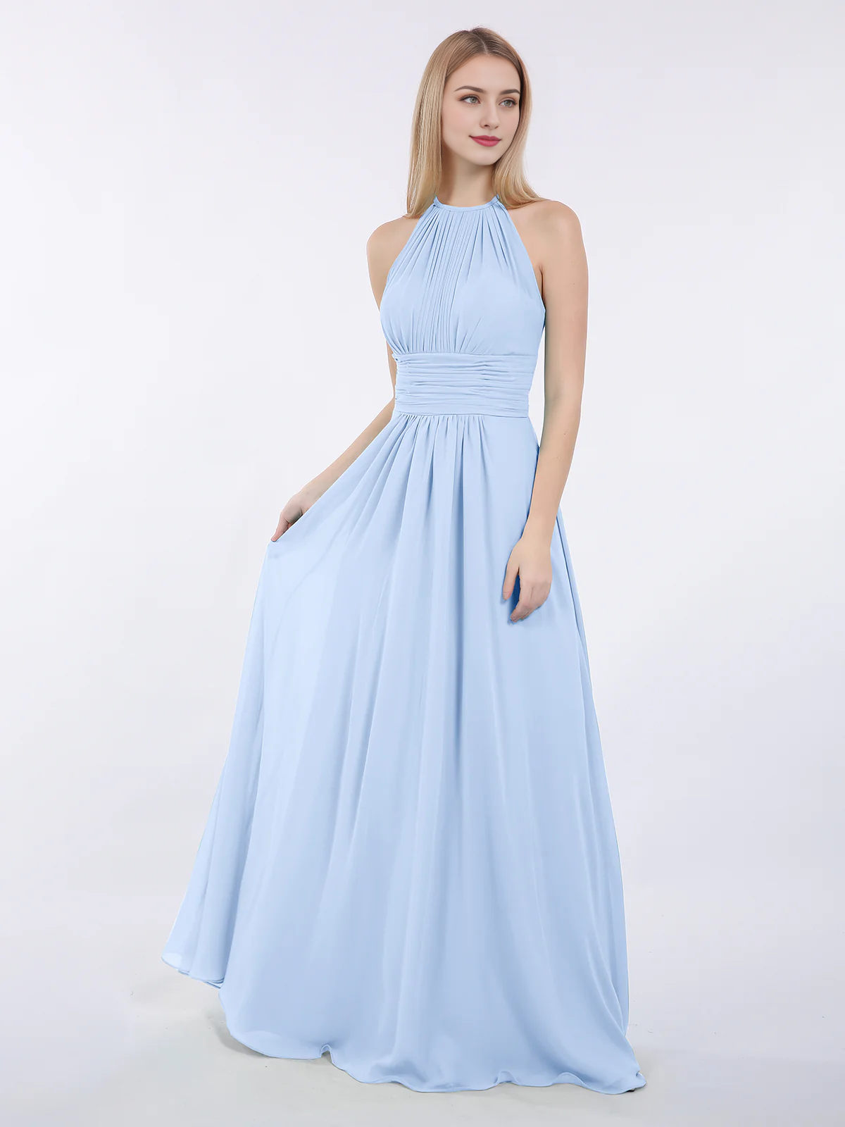 Mocha Chiffon A-Line Halter Neck Floor-Length Bridesmaid Dress with Pleated Bodice
