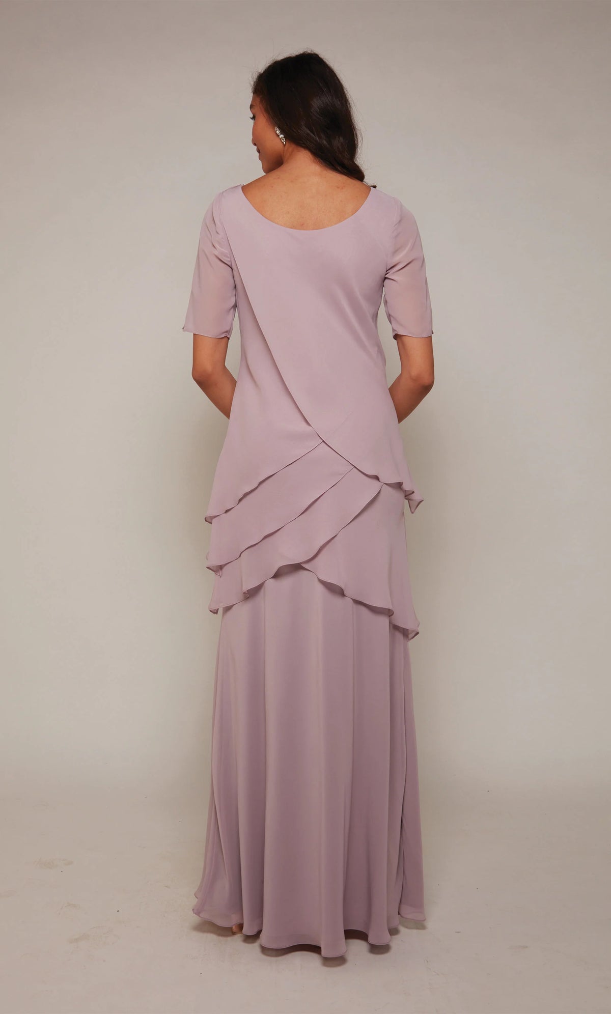 Black Chiffon A-Line Floor-Length Dress with Boat Neck & Draped Bodice