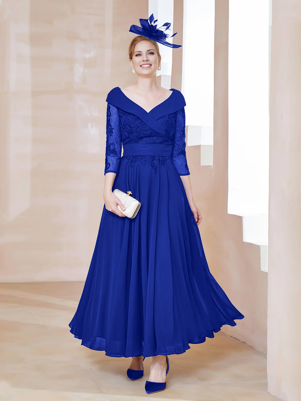Dark Navy Chiffon A-Line Ankle-Length Off-the-Shoulder Evening Dress