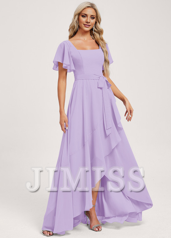 Vestido de dama de honor asimétrico de gasa con corte A y corte cuadrado