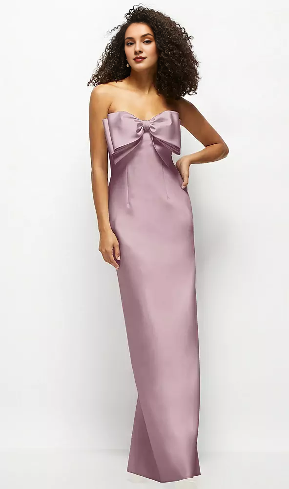 Handmade oversized bow strapless satin long bridesmaid dress