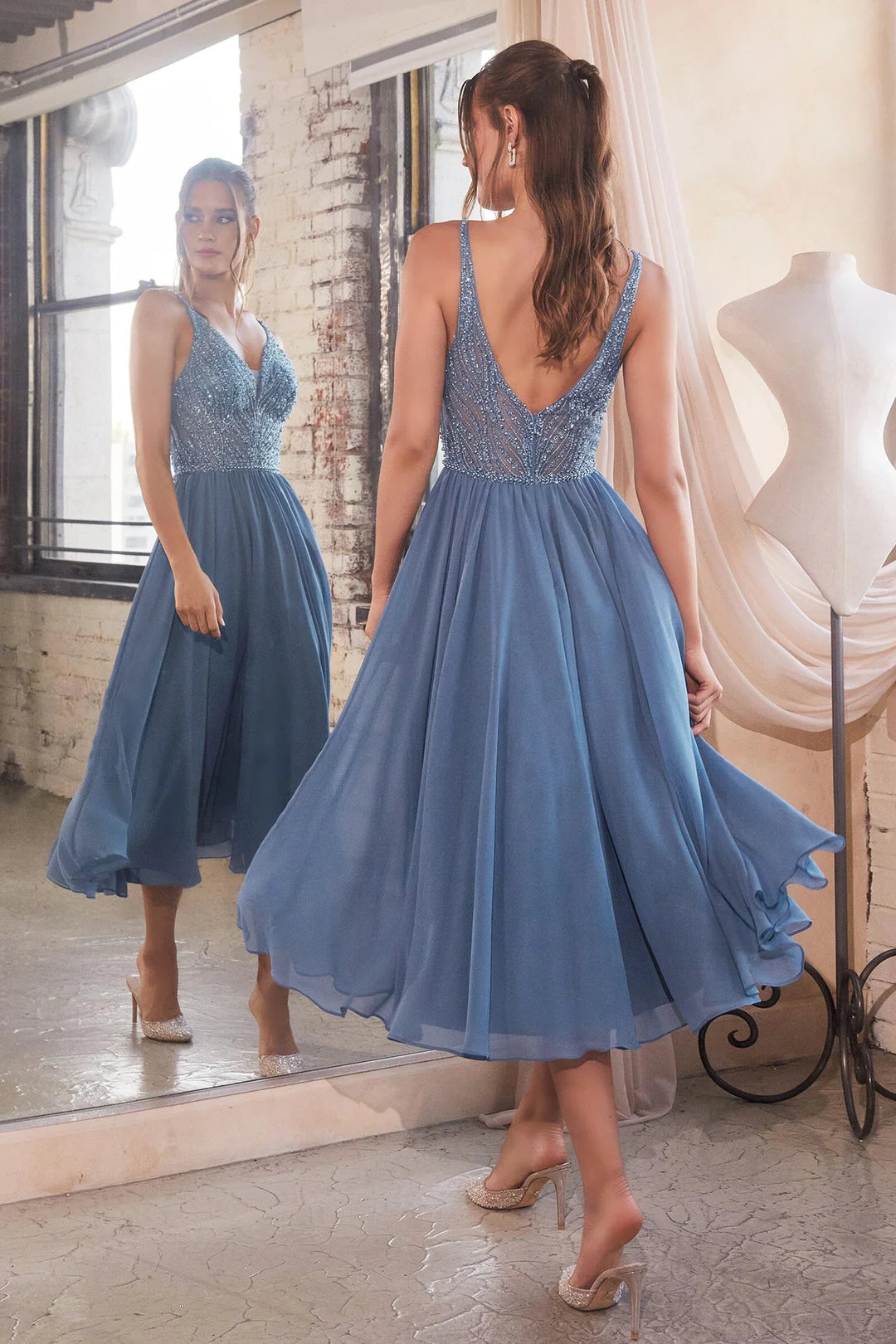 Dusty Blue Chiffon A-Line Tea-Length Bridesmaid Dress with Beaded V-Neck Bodice and V-Back
