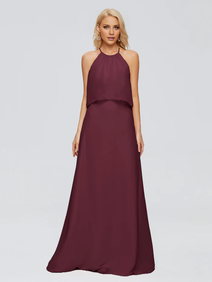 Vestido de dama de honor largo hasta el suelo en gasa con escote halter