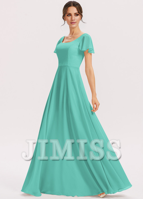 Vestido de dama de honor de gasa con volantes escalonados, corte A, cuadrado, largo hasta el suelo