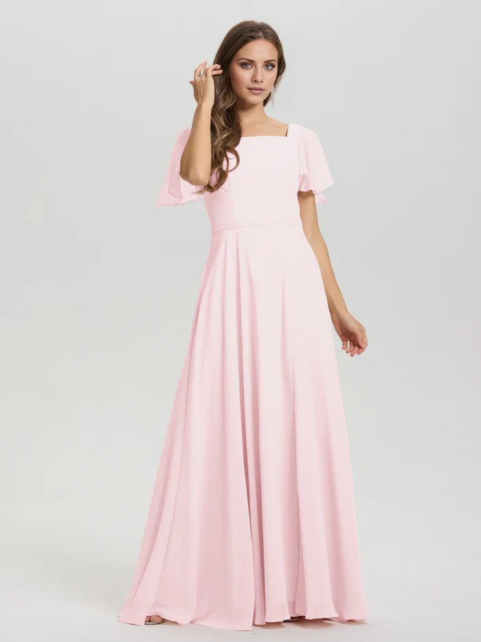 Vestido de dama de honor de gasa con cuello cuadrado, corte A, mangas cortas con volantes y largo hasta el suelo