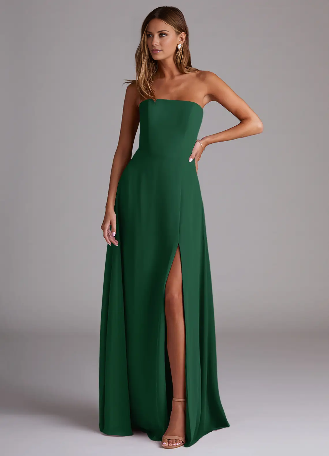 Vestido de dama de honor de corte A, de gasa con abertura lateral y largo hasta el suelo - Vestido Jimiss 