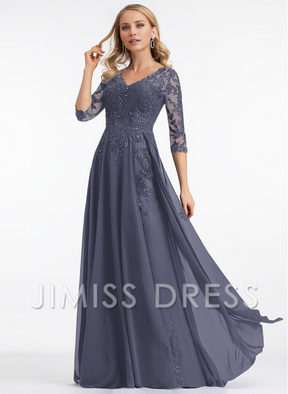 Dark Navy Lace & Chiffon A-Line Floor-Length Evening Dress with V-Neck and Sheer Sequin Sleeves