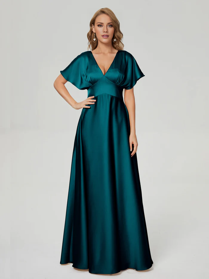 Vestido de fiesta Jimiss con escote en V, manga corta y largo hasta el suelo