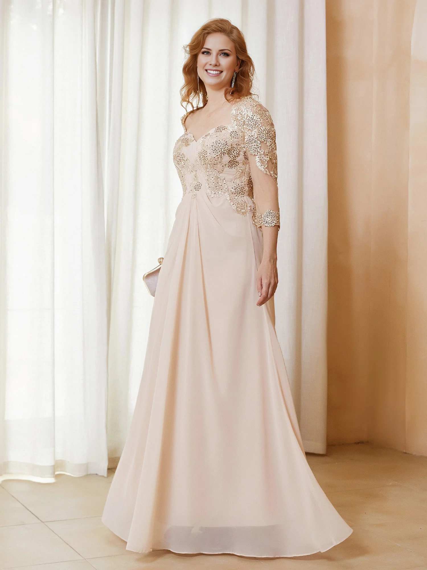 Blushing Pink Chiffon A-Line Floor-Length Gown with Illusion Neck & Beaded Lace Bodice