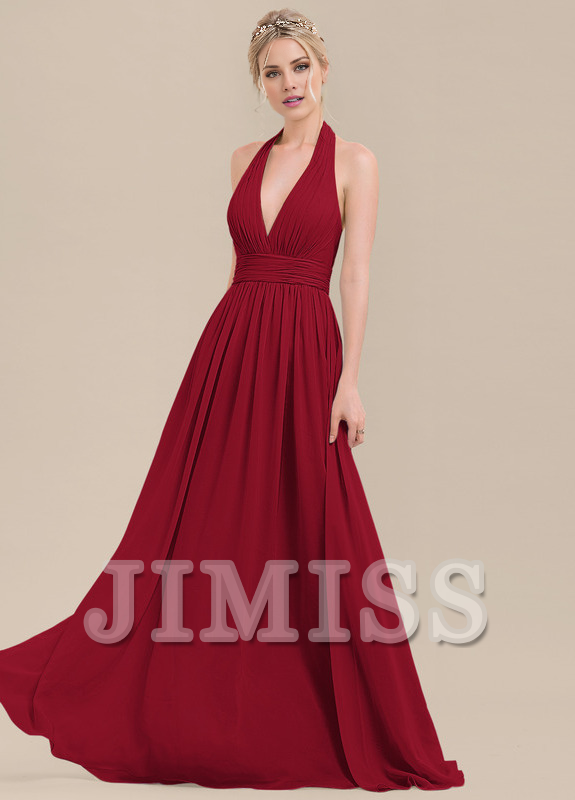 Vestido de dama de honor de gasa con volantes, corte A, cuello halter y largo hasta el suelo