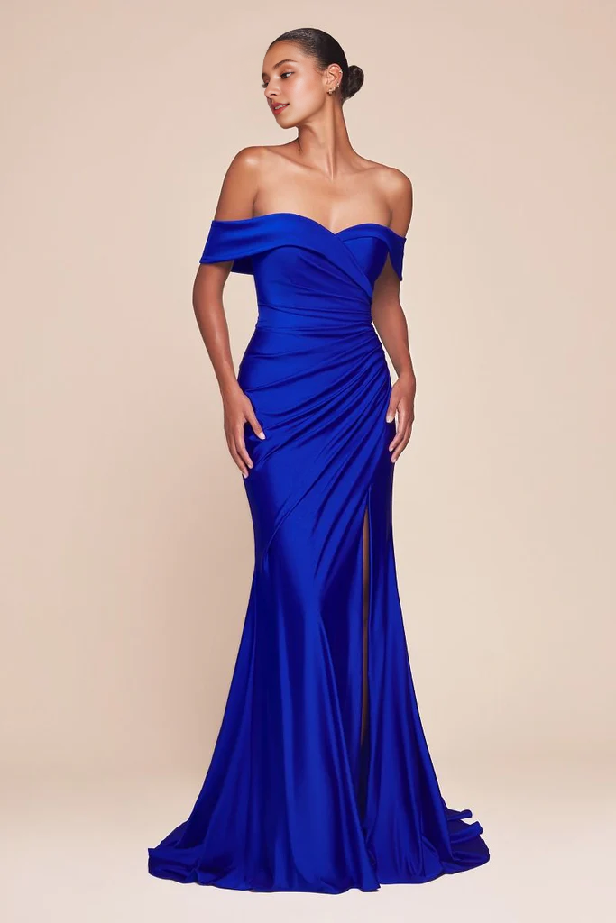Elegant Slate Blue Satin A-Line Floor-Length Off-the-Shoulder Dress with Draped Bodice and High Slit