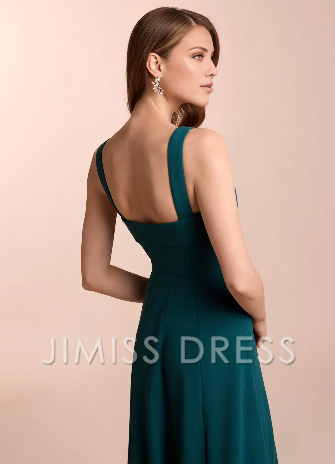 Vestido de fiesta Jimiss de corte A, escote recto, espalda descubierta y largo hasta el suelo 