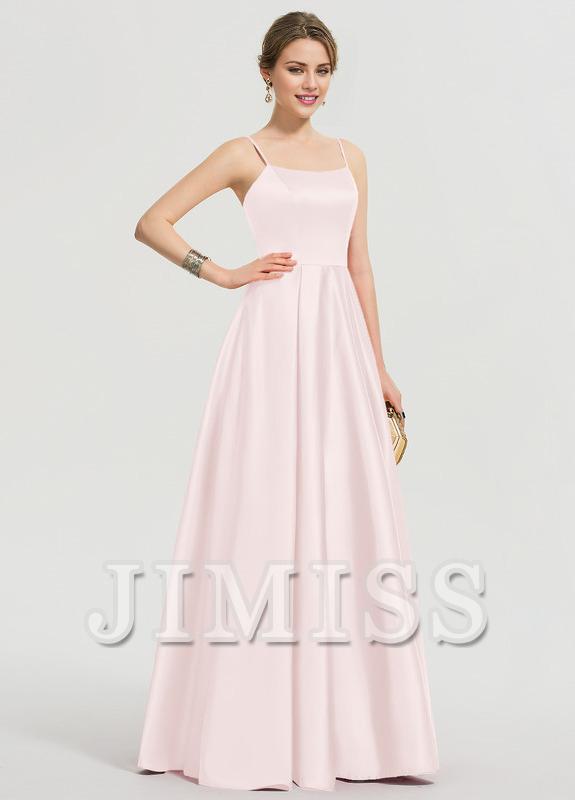 Vestido de fiesta largo hasta el suelo de satén con escote en A y corte cuadrado