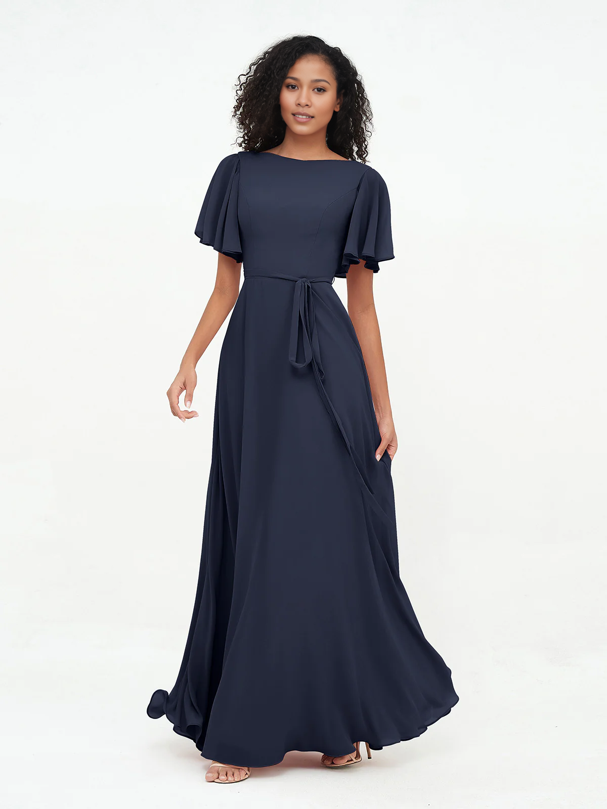 Dark Navy Chiffon A-Line Floor-Length Bridesmaid Dress with Flutter Sleeves & Tie Waist