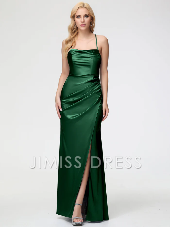 Vestido de fiesta de satén con chal sin mangas, tirantes finos y abertura tipo trompeta/sirena de Jimiss