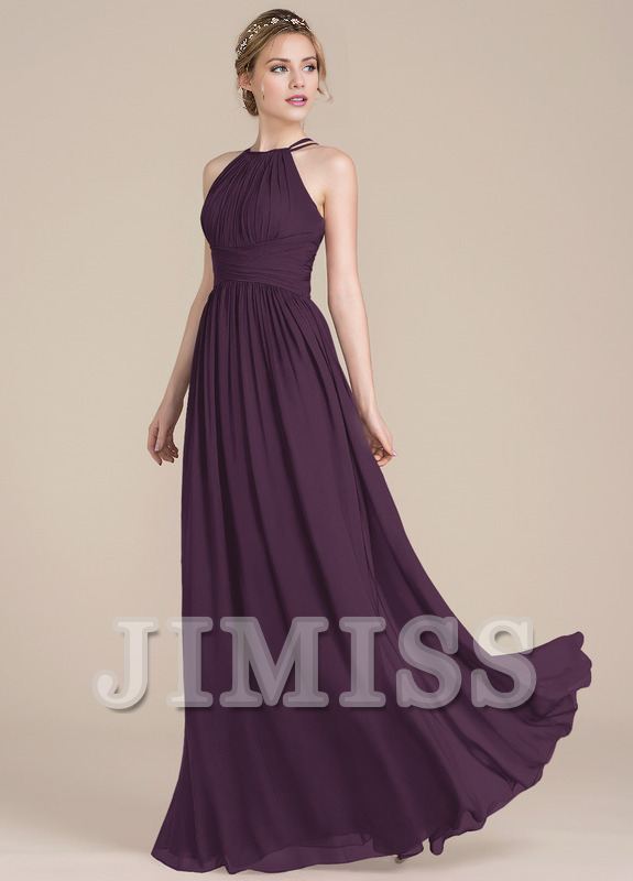 Vestido de dama de honor de gasa con escote redondo y corte A con diseño de hojas de loto