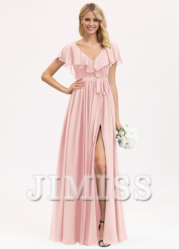 Abito da damigella d'onore in chiffon con scollo a V, lunghezza al pavimento, balze a balze e fiocco